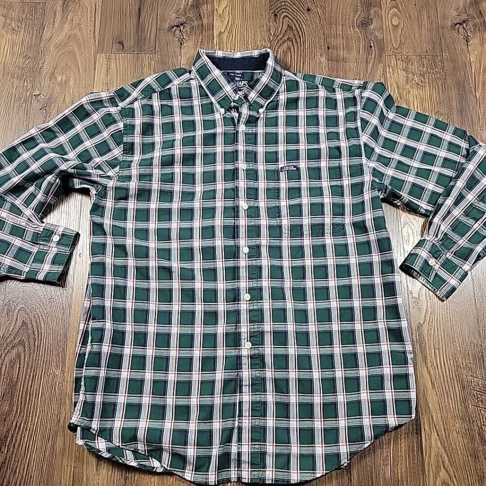 Chaps Ralph Lauren Shirt Mens Large Green Red Plaid Button Up Long Slv Preppy